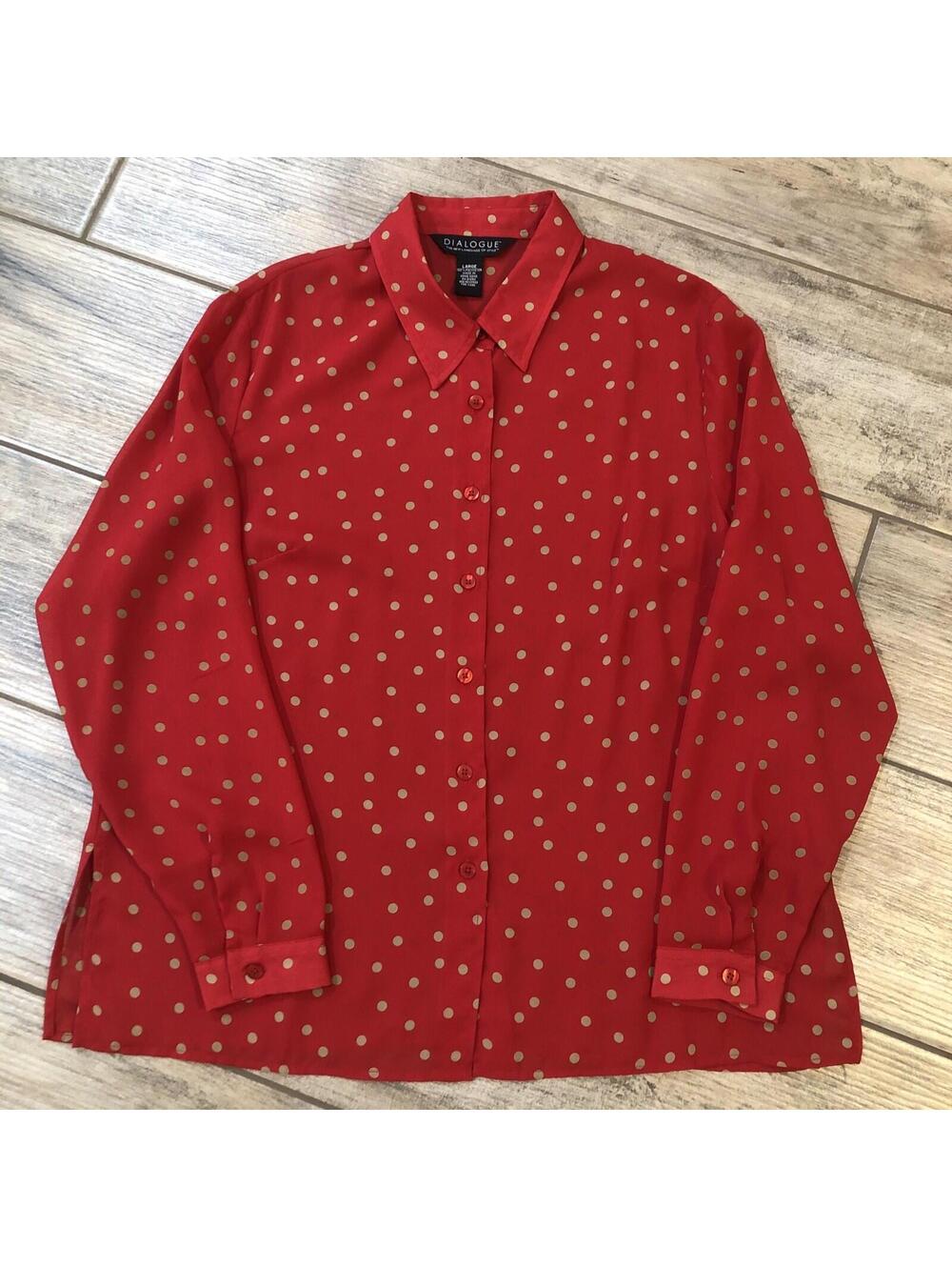 Dialogue Red Sheer Polka Dot Blouse Sz L‎